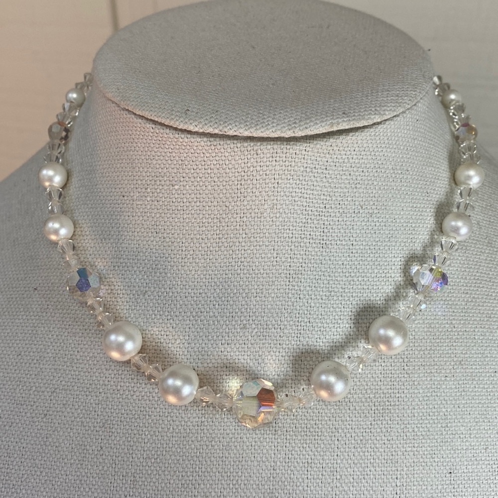 Petite vintage pearl bead and Aurora borealis crystal necklace